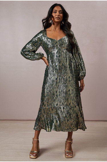 Occasion Metallic Ruched Midi Dress