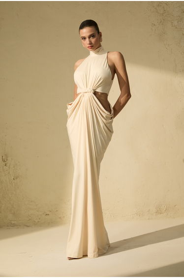 Her Signature Style Beige High Neck Twist Maxi Dress