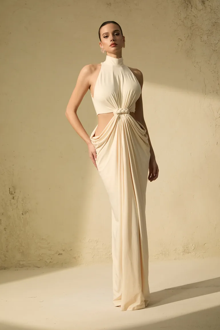 Her Signature Style Beige High Neck Twist Maxi Dress - 3