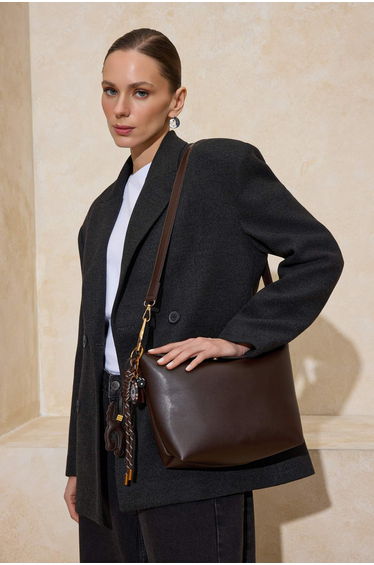 Dark Brown Charm Detailed Women's Midi Shoulder Bag