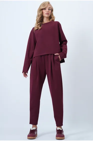 Women's Burgundy Crew Neck Wide Cut Blouse and Front Pleated Double Pocket Trousers Set
