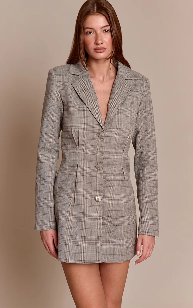 grey check blazer dress The Checked Blazer is Not Yet Over