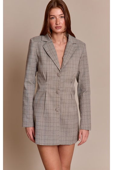 Grey Woven Check Cinched Waist Long Sleeve Blazer Dress