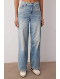 بنطلون جينز فضفاض بأرجل عريضة بخصر عالي - أزرق - 2