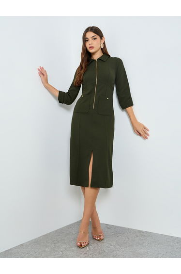 Women Olive Shirt Midi Dress with 3/4th Sleeves