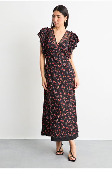 Floral Print Ruffled Sleeve V Neck Maxi Dress