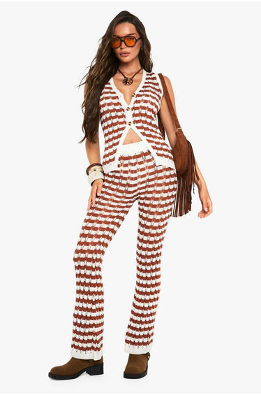 Stripe Crochet Knitted Wide Leg Trouser - rust