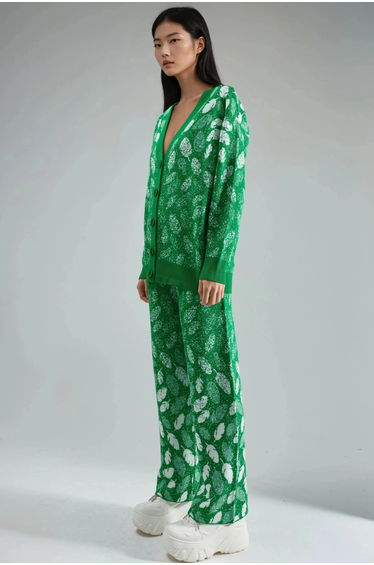 MY FASHION V-Neck Jacquard Knit Cardigan and Wide Leg Pants Set