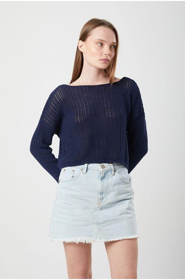 Mixray Openwork Boat Neck Crop Knit Top