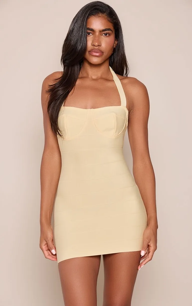 Lemon Bandage Cup Detail Halterneck Mini Dress