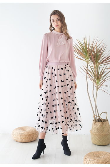 3D Heart Double-Layered Mesh Skirt in Blush Pink
