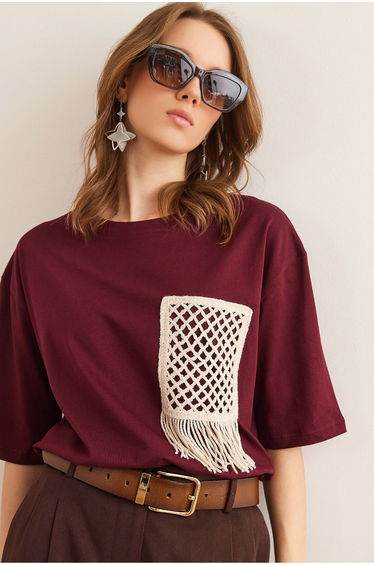 Women's Burgundy Garnished T-Shirt