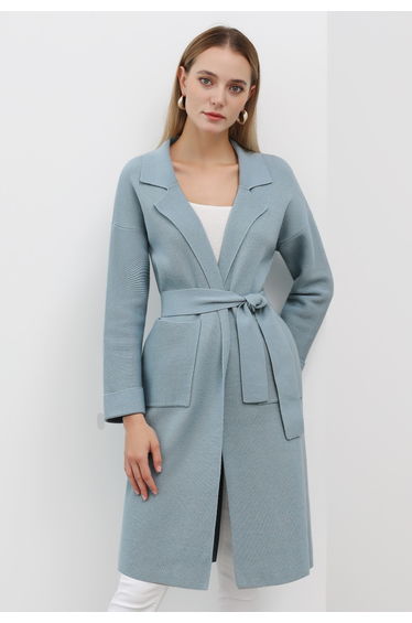 Notch Lapel Belted Longline Knit Cardigan in Blue