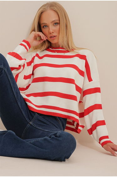 Women's Red Crew Neck Striped Crop Oversize Knitwear Sweater
