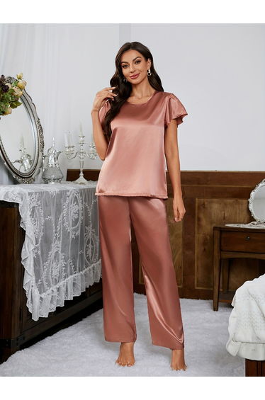Satin Solid Short Sleeve Top and Pyjama Set