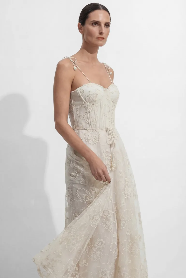 Serenade In The Sun Beige Floral Lace Spaghetti Strap Maxi Dress - 6