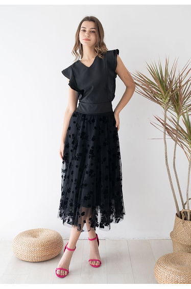 3D Posy Double-Layered Mesh Midi Skirt in Black