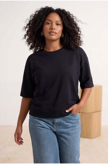 Navy Blue Oversize/Wide Fit Low Sleeve Three Quarter Soft Touch Knitted Plus Size T-Shirt