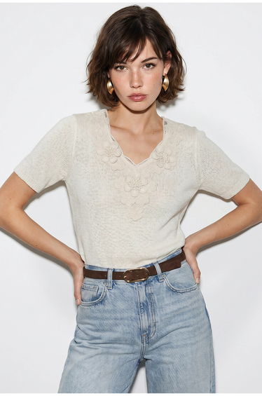 LUCCI Embroidered V-neck Knit Blouse