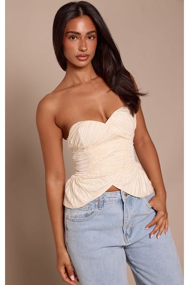 Petite Cream Plisse Textured Zip up Bandeau Top