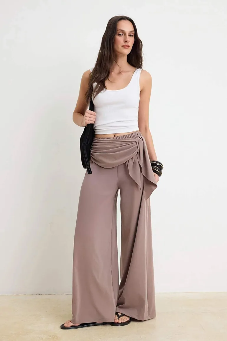 Mink Premium Lyocell Content Wide Leg Belted Regular Waist Long Knitted Trousers
