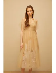 Blanka Neutral Pleated Jacquard Tulle Midi Dress - 8