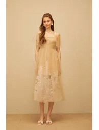Blanka Neutral Pleated Jacquard Tulle Midi Dress