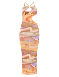 Orange Abstract Print Slinky Ring Detail Cut Out Maxi Dress - 3