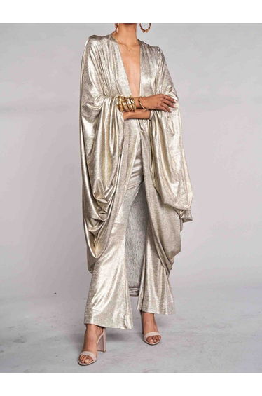 Batwing Sleeves Long Sleeves Shiny Solid Color Deep V-Neck Blouses&shirts Tops