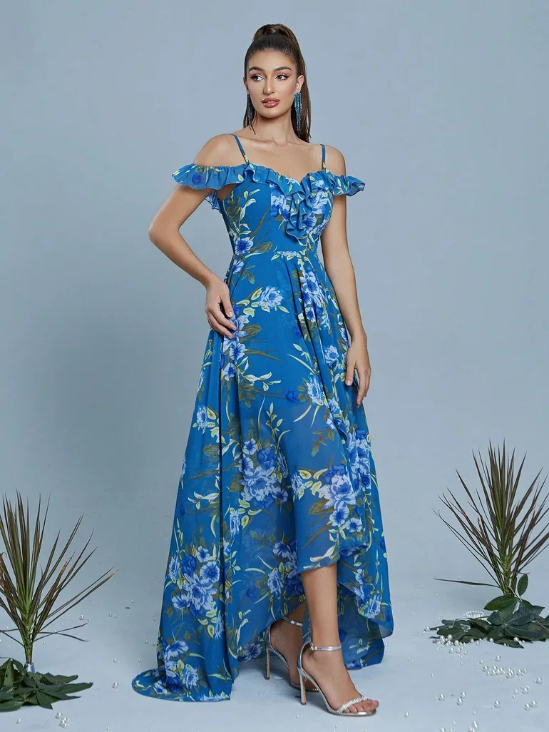 Leely Navy Blue Floral Print Off-the-Shoulder High-Low Chiffon Dress - 2