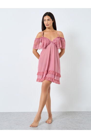Solid Ruffle Lace Hem Cami Slip Dress