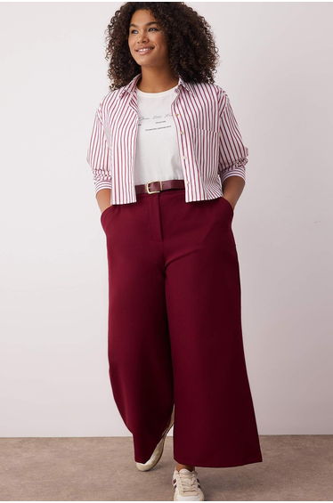 Burgundy Wide Leg Premium Belted Plus Size Trousers