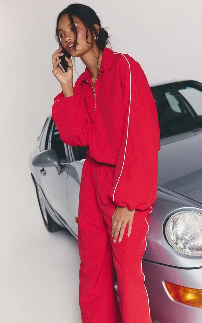 Red Nylon Shell Contrast Piping Wide Leg Trouser - 2