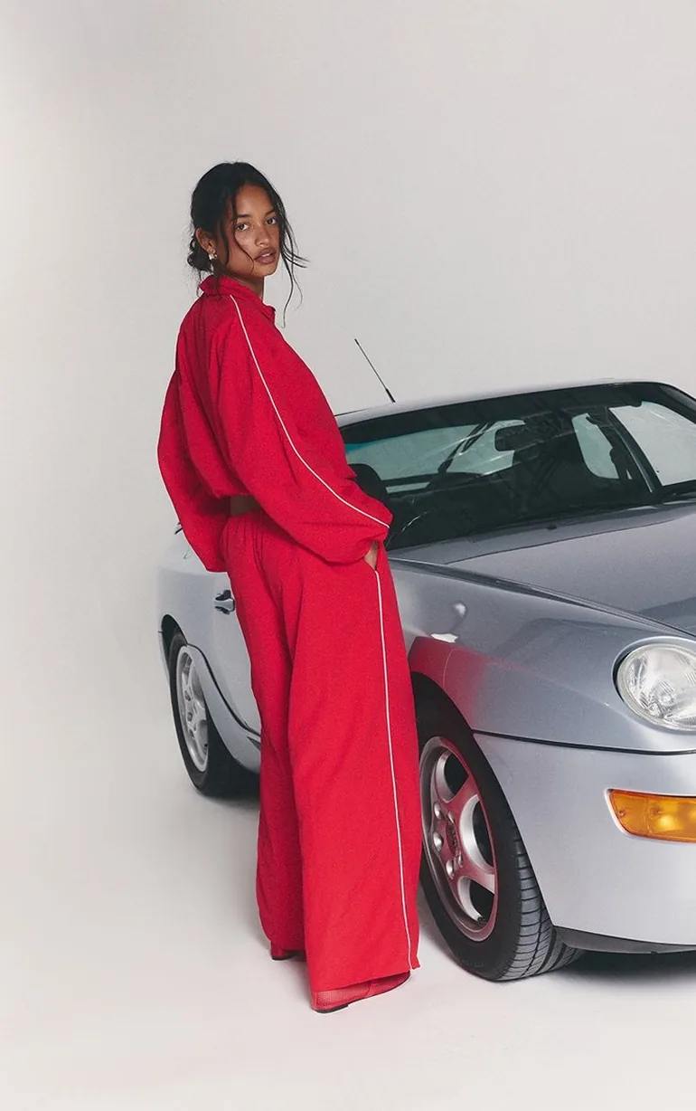 Red Nylon Shell Contrast Piping Wide Leg Trouser - 1
