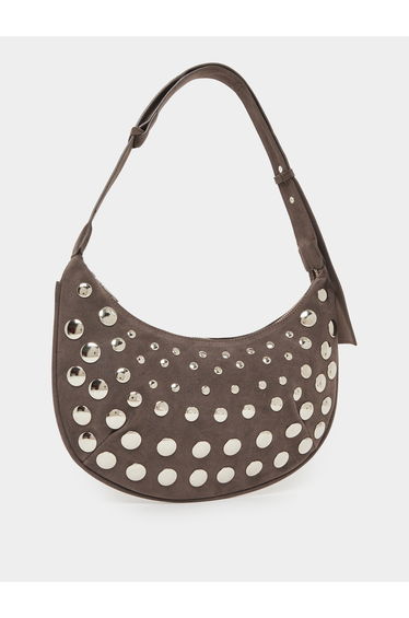 Grey Suede Stud Shoulder Bag