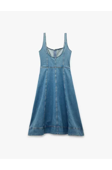 Sleeveless Zipper Detailed A Cut Slit Midi Denim Dress