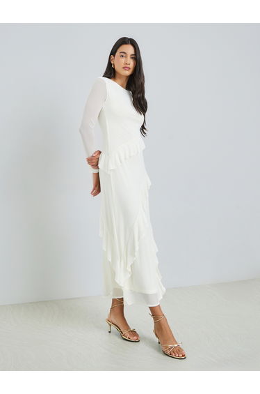 Cream Sheer Sleeves Ruffled Sheath Maxi Dress