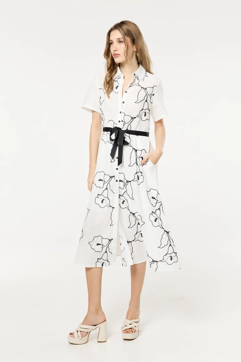 Floral Shirt Midi Dress with Belt - 4
