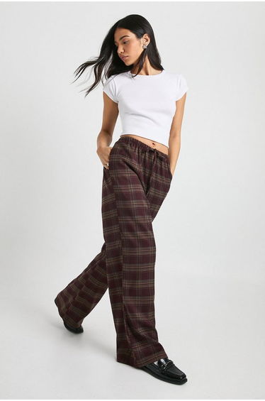 Check Drawcord Waist Wide Leg Trousers - chocolate
