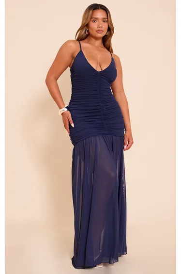 Shape Navy Ruched Front Dropped Hem Maxi Dress