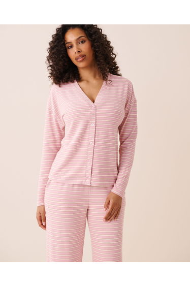 Striped Soft Knit Long Sleeve Button-down Top