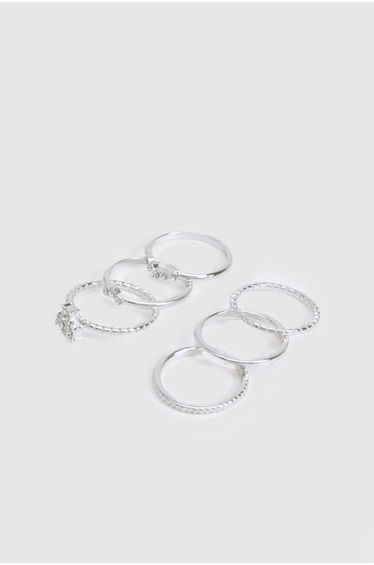 Silver Diamante 6 Pack Rings - silver