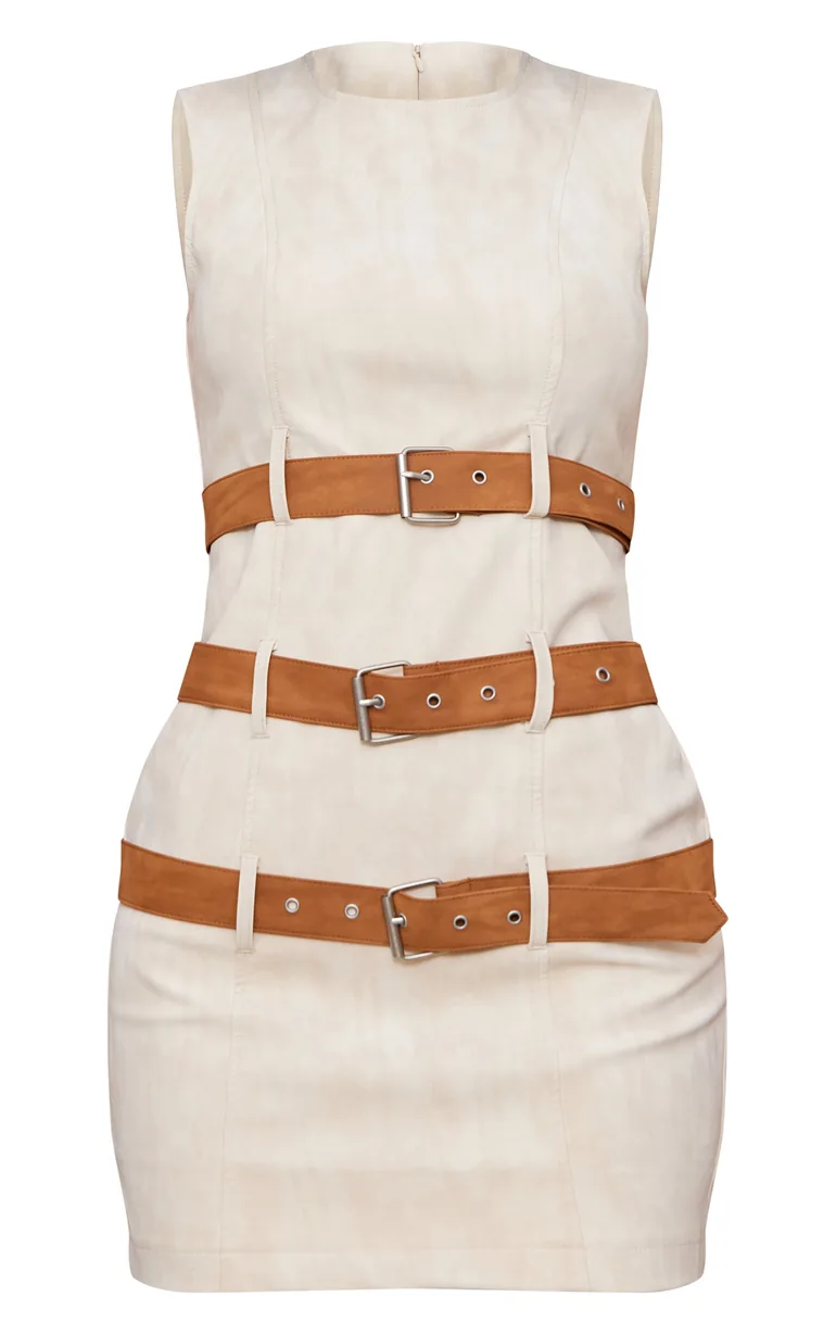 Shop Cream Faux Leather Belted Bodycon Dress Online in Bahrain