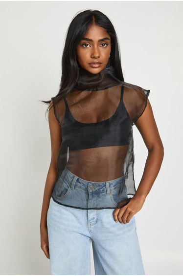 Organza Funnel Neck Sleeveless Blouse - black