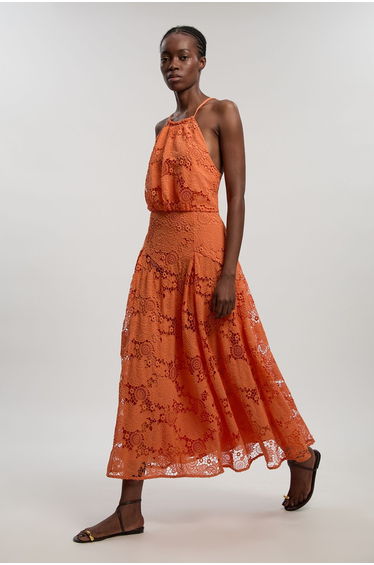 Petite Lace Halter Woven Midi Dress