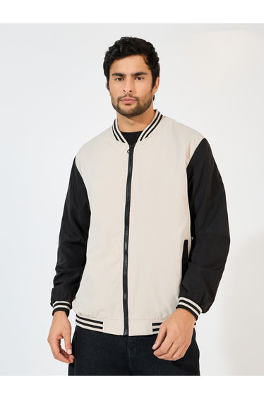 Contrast Sleeve and Rib Detail Bomber Jacket with Welt Pockets
