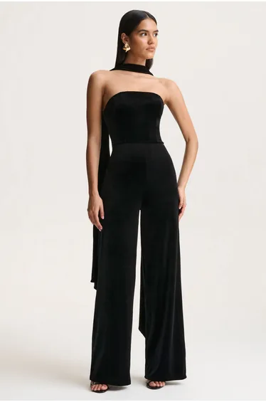 Arcane | Black Velvet Bandeau Jumpsuit With Scarf