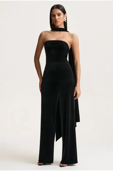 Arcane | Black Velvet Bandeau Jumpsuit With Scarf