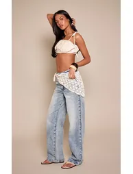 Tall Mid Blue Wash Crochet Scarf Detail Jeans - 1