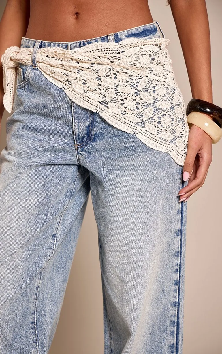 Tall Mid Blue Wash Crochet Scarf Detail Jeans - 3